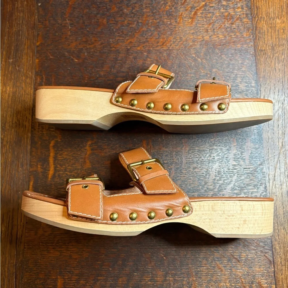 J. Crew- Leather Double Buckle-Strap Sandals in Color Rich Oak. Size 10.5